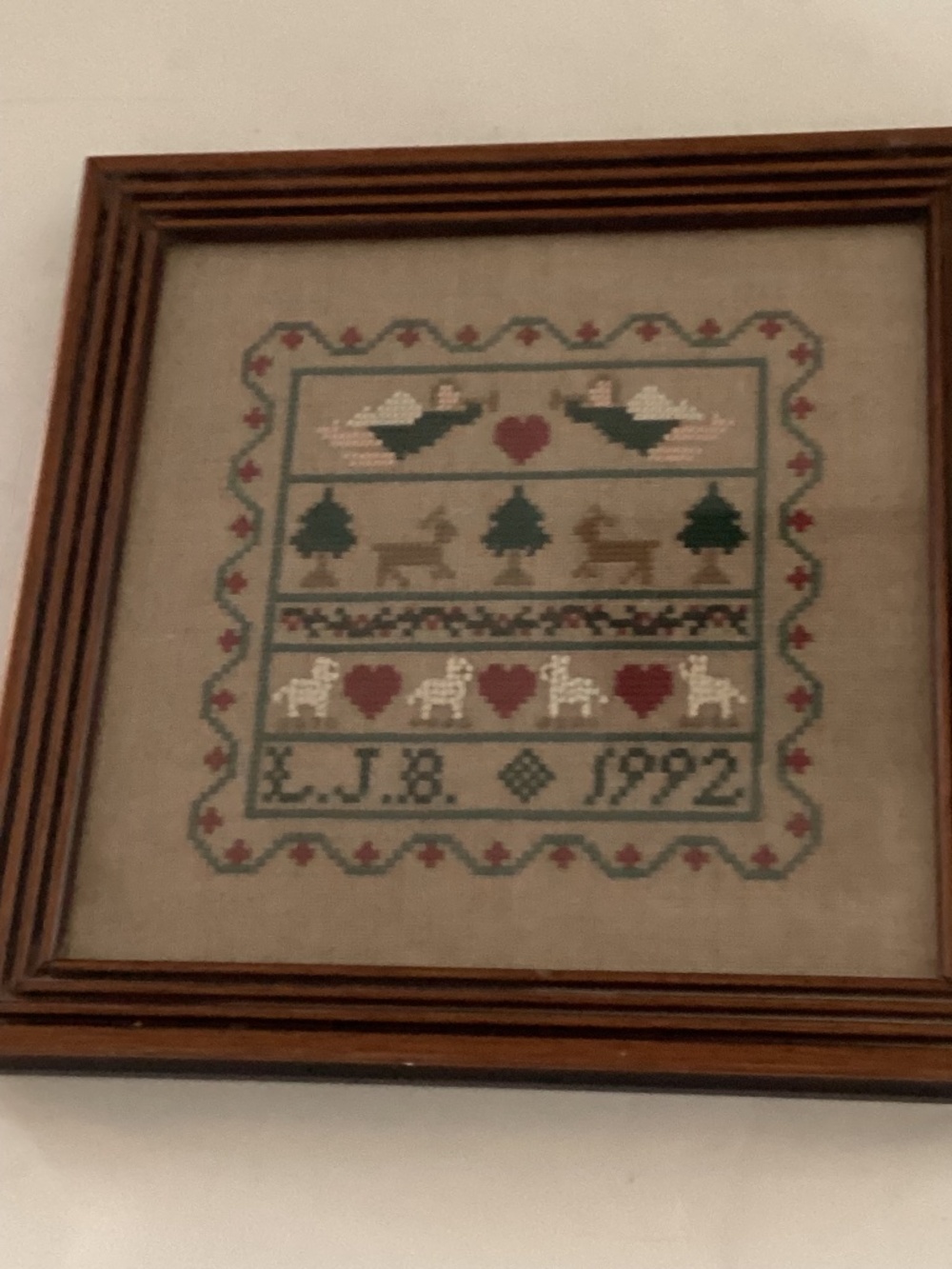 Vintage Hand Cross Stitch Sampler  Angels/ Deer/ Sheep with initials & date